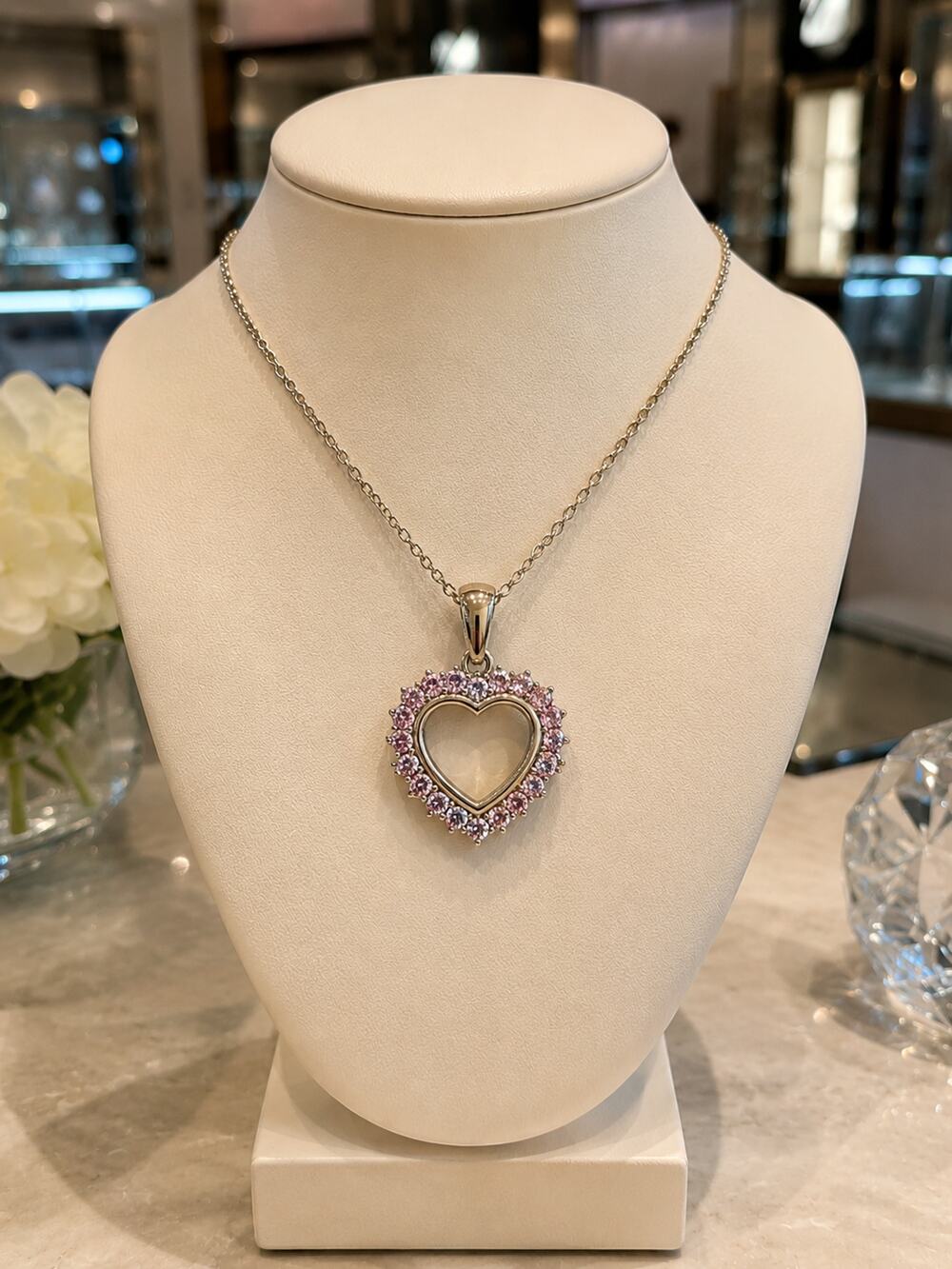 Sterling Silver Cubic Zirconia Pink Crystal Heart